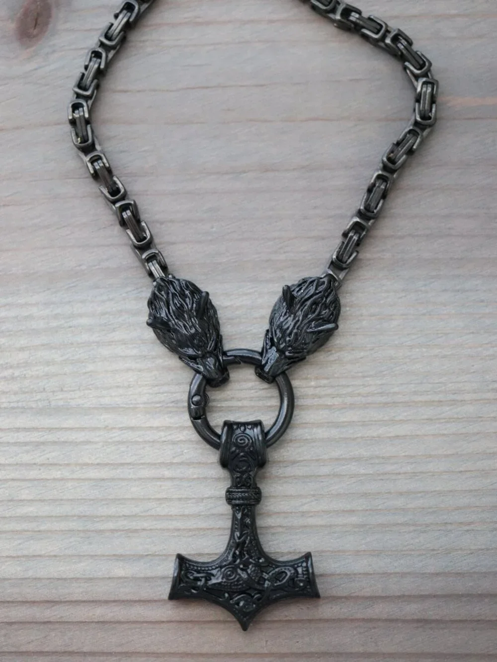 Thor Hammer Viking Style with Wolf Byzantine Chain Necklace Black Stainless Stee